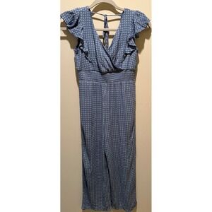 Poppies and Roses Blue Geometric Flutter Sleeve Smocked Wide Leg Jumpsuit Medium
